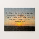 Inspirational Bible Verse Jeremiah 29:11 Sunrise Jigsaw Puzzle<br><div class="desc">For I know the plans I have for you, declares the Lord. Plans to prosper you and not to harm you, plans to give you hope and a future. Jeremiah 29:11 bible verse on a beautiful ocean sunrise photography gift. This inspirational quote puzzle features an uplifting biblical quotation and will...</div>