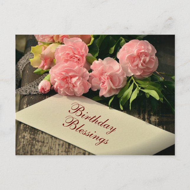Inspirational Birthday Blessings, Pink Roses Postcard (Front)