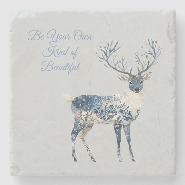 Inspirational Blue White Chic Deer Fox Stone Coaster (Front)