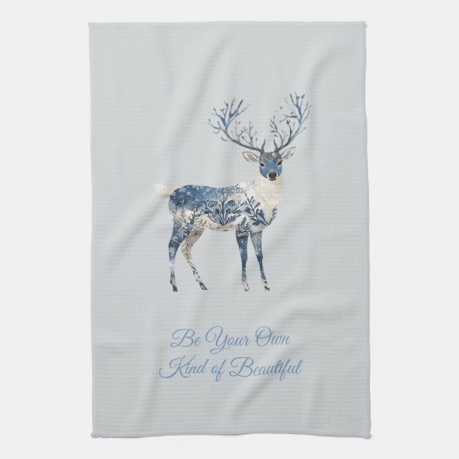 Inspirational Blue White Chic Deer Fox Tea Towel (Vertical)