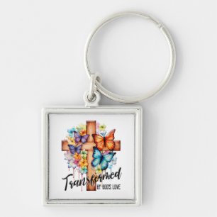 Inspirational Butterfly/Floral Cross Scripture Key Ring