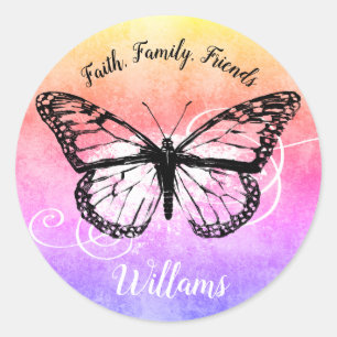 Inspirational Butterfly Rainbow Family Monogram Classic Round Sticker
