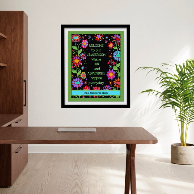 Inspirational Classroom Welcome Black Floral Poster (Personal classroom poster by Inspirivity)