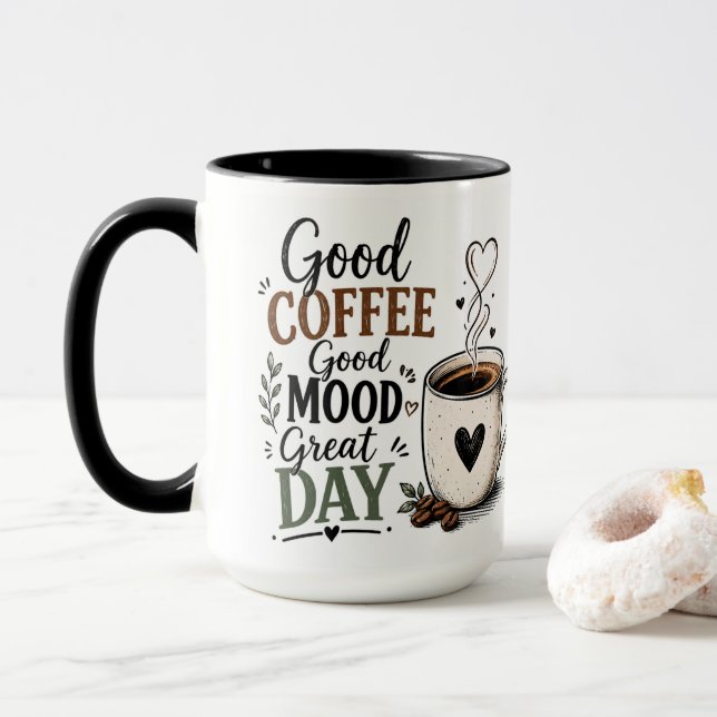 Inspirational Coffee Quote Black Handle Ceramic  Mug (With Donut)