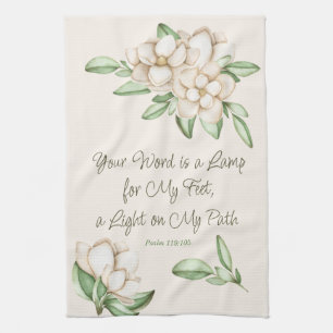 Inspirational Faith Scripture Magnolia Flowers Tea Towel