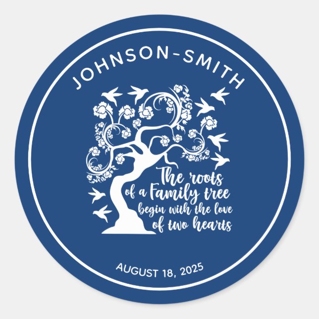 Inspirational Family Reunion Quote Tree Navy Blue  Classic Round Sticker (Front)