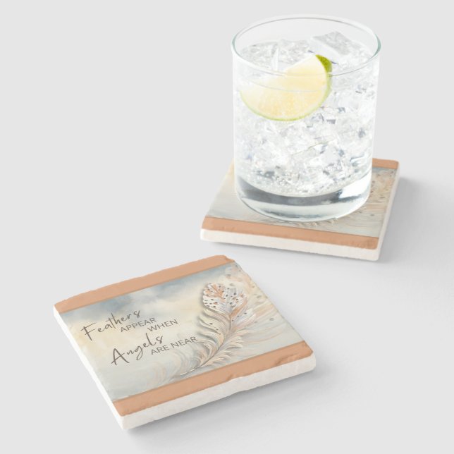 Inspirational Feather & Angel Quote Watercolor Stone Coaster (Side)
