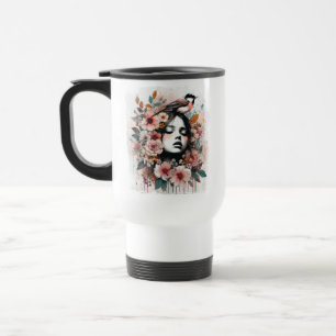 Inspirational Floral Art with Woman and Bird Travel Mug