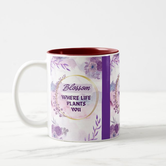 Inspirational Floral Ceramic Mug | Purple Tea Cup (Left)