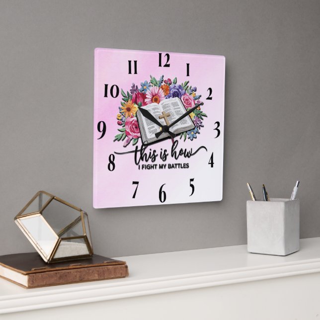 Inspirational Flower/Bible/Cross Scripture Square Wall Clock (Office)