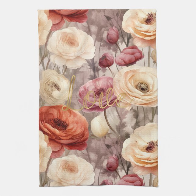 Inspirational gold love burgundy cream floral tea towel (Vertical)