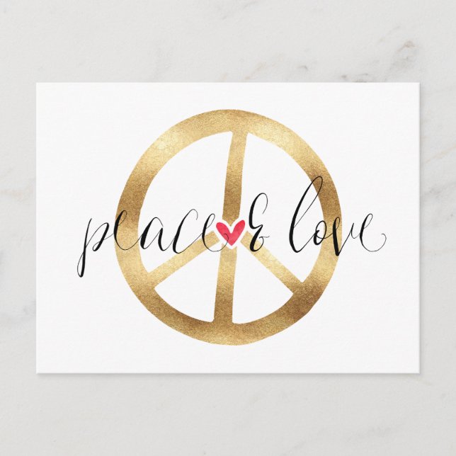 Inspirational Gold Peace Sign Heart Postcard (Front)