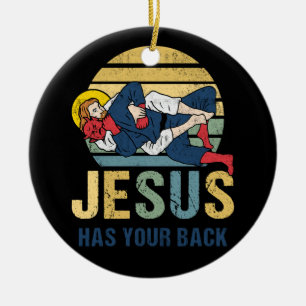 Inspirational Jesus Has Your Back Jiu Jitsu Retro  Ceramic Tree Decoration