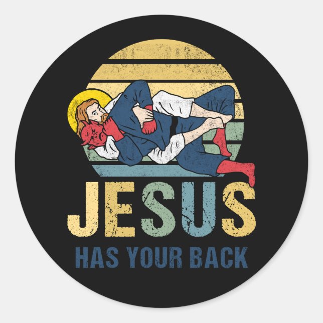 Inspirational Jesus Has Your Back Jiu Jitsu Retro  Classic Round Sticker (Front)