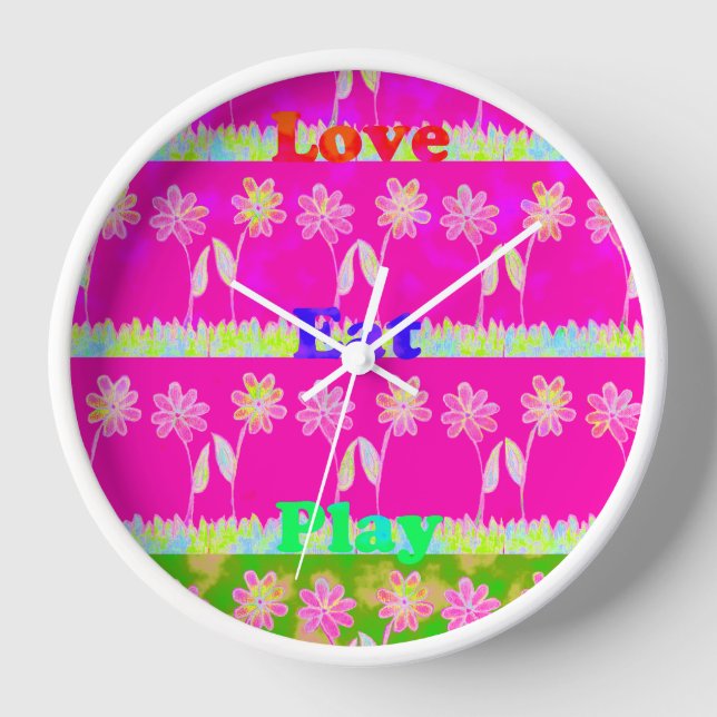 Inspirational Love Eat Play Flower Design Clock (Front)