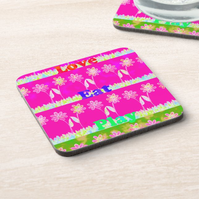 Inspirational Love Eat Play Flower Design Coaster (Left Side)