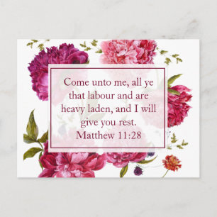 Inspirational Matthew 11:28 Pink Floral Postcard