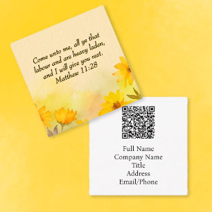 Inspirational Matthew 11:28 Yellow Floral Square Business Card