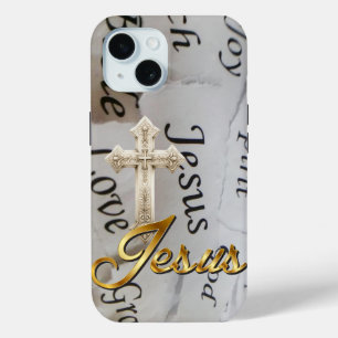Inspirational Monochrome Faith Beige Cross Jesus iPhone 15 Case