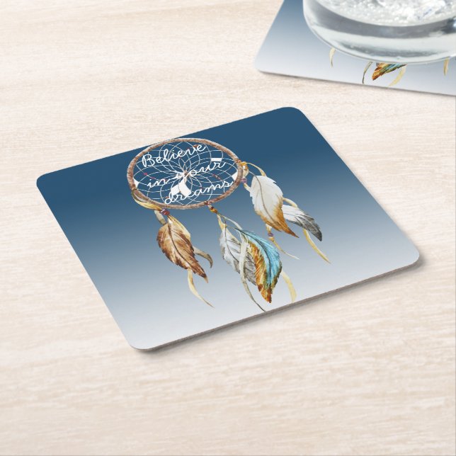 Inspirational Navy Blue Ombre Dream catcher  Square Paper Coaster (Angled)