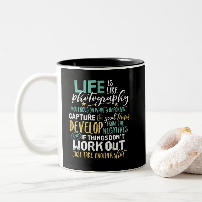 Inspirational Photography Life Quote Photographer Two-Tone Coffee Mug (With Donut)