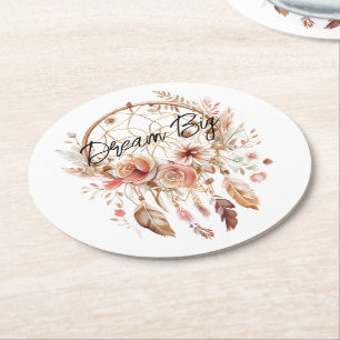 Inspirational Pink Dream Catcher Boho Floral Round Paper Coaster