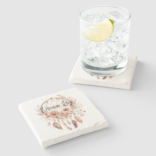 Inspirational Pink Dream Catcher Boho Floral Stone Coaster