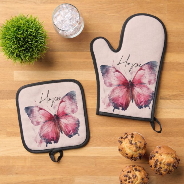 Inspirational Pink Hope Butterfly Oven Mitt & Pot Holder Set (Top Down)