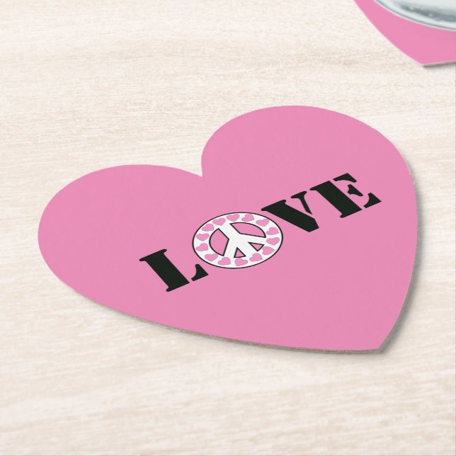 Inspirational Pink Love Peace Hearts Paper Coaster (Angled)