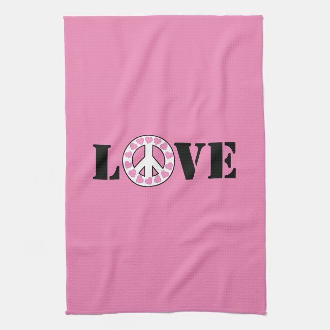 Inspirational Pink Love Peace Hearts Tea Towel (Vertical)