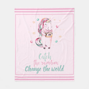 Inspirational Pink Unicorn With Camera & Stars Fleece Blanket