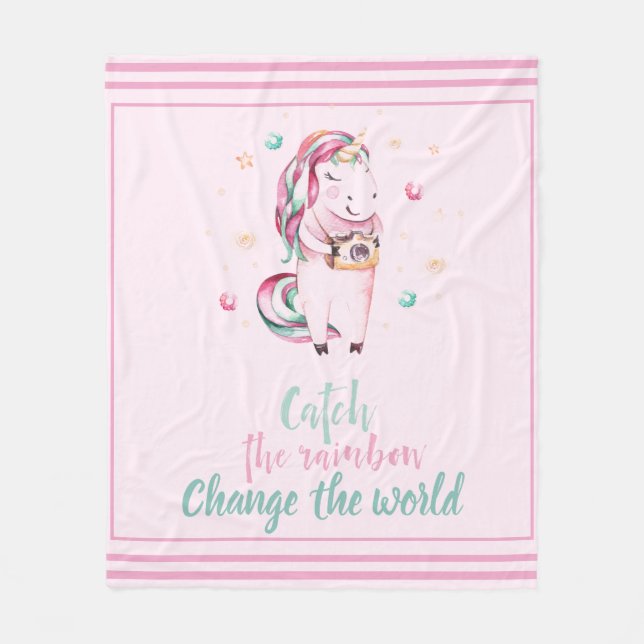 Inspirational Pink Unicorn With Camera & Stars Fleece Blanket (Front)