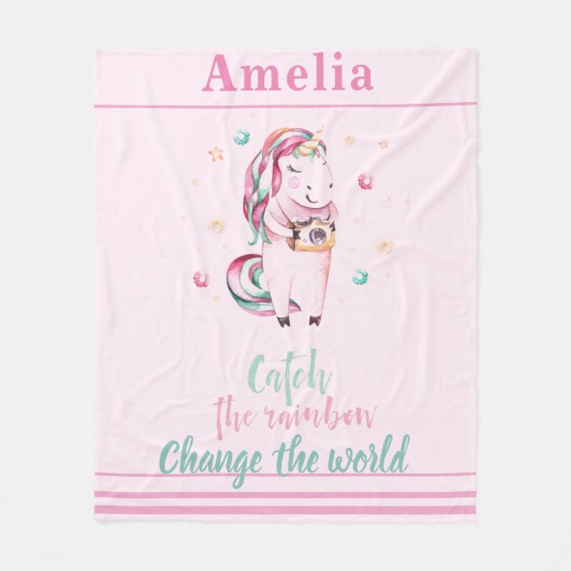 Inspirational Pink Unicorn With Camera & Stars Fleece Blanket (Front)