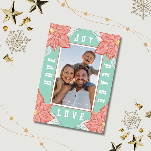 Inspirational Poinsettia Joy Hope Peace Love Holiday Card (Cheerful soft pastel original poinsettia art card perfect for warmer weather beachy holiday vibes!)