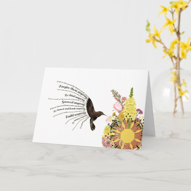 Inspirational prayer hummingbird, sun and flowers card (Yellow Flower)