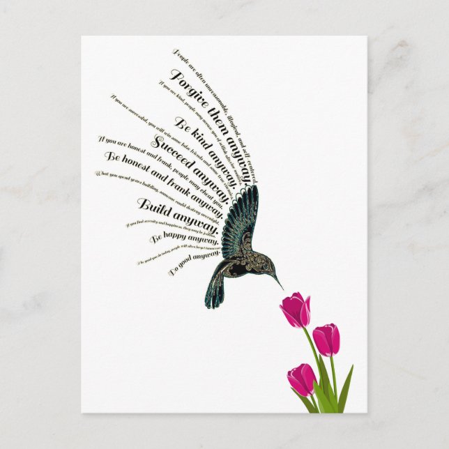 Inspirational prayer hummingbird tulips postcard (Front)