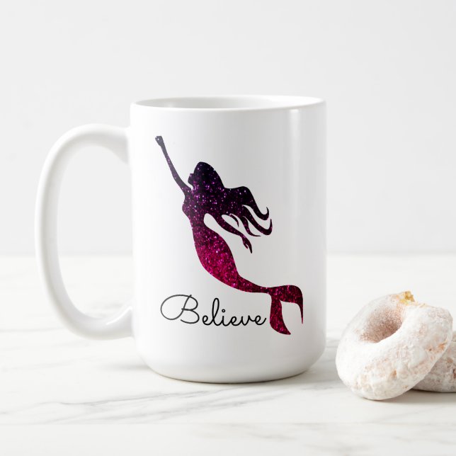 Inspirational Purple Mermaid Silhouette Believe  Coffee Mug (With Donut)