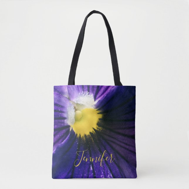 Inspirational purple pansy macro photograph modern tote bag (Front)