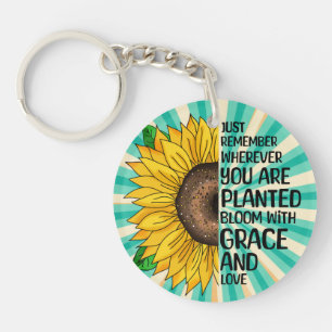 Inspirational Quote and Hand Drawn Sunflower Key Ring