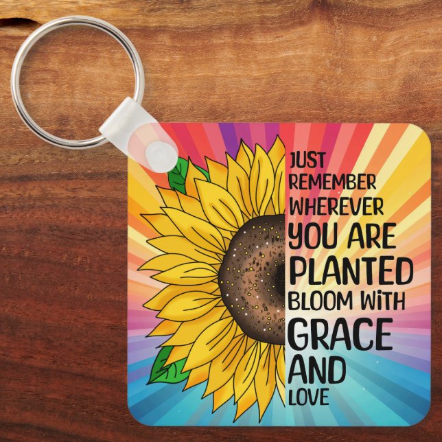 Inspirational Quote and Hand Drawn Sunflower Key Ring (Front)
