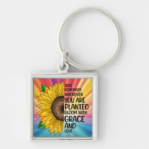 Inspirational Quote and Hand Drawn Sunflower Key Ring