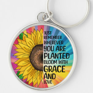 Inspirational Quote and Hand Drawn Sunflower Key Ring