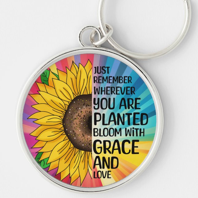 Inspirational Quote and Hand Drawn Sunflower Key Ring (Front)