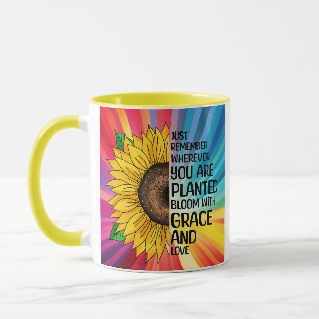 Inspirational Quote and Hand Drawn Sunflower Mug (Left)