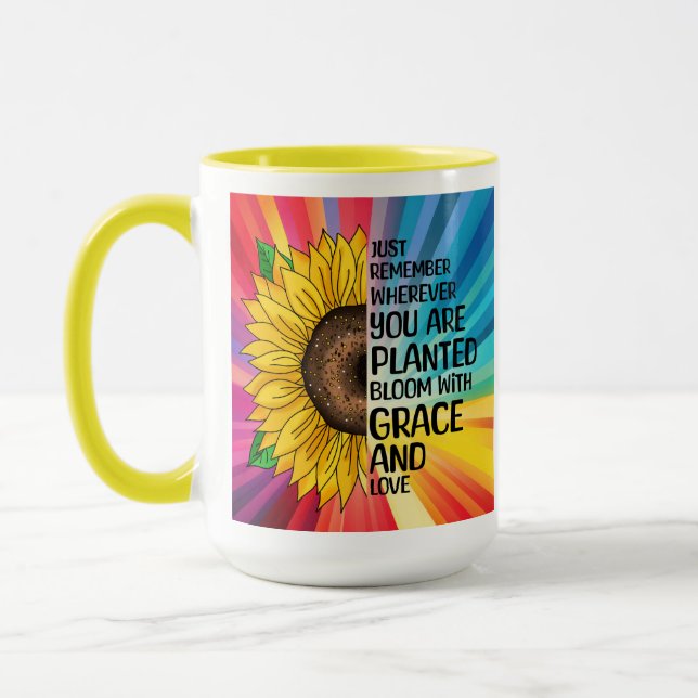 Inspirational Quote and Hand Drawn Sunflower Mug (Left)