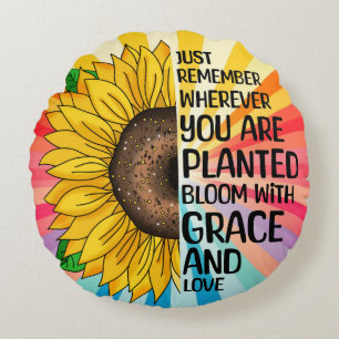 Inspirational Quote and Hand Drawn Sunflower Round Cushion