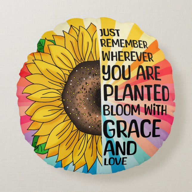 Inspirational Quote and Hand Drawn Sunflower Round Cushion (Front)