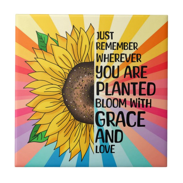 Inspirational Quote and Hand Drawn Sunflower Tile (Front)