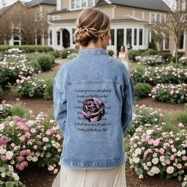 Inspirational Quote & Hand-drawn Artsy Rose Bloom  Denim Jacket (Wedding Back)