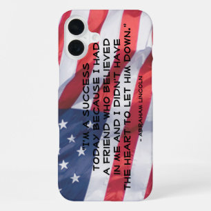 Inspirational Quote Over Anerican Flag Background iPhone 16 Plus Case